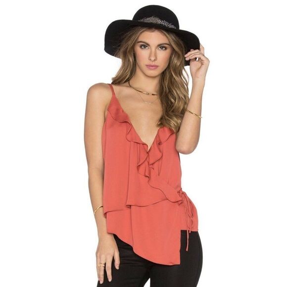 NWT L' ACADEMIE SZ M THE RUFFLE CAMI WRAP TOP IN RED ORANGE - Picture 1 of 4